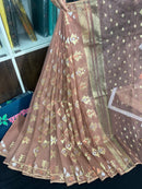 Nude mauve halfsilk jamdani saree with golden silver & copper jori work