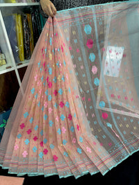 Peach colour halfsilk jamdani saree with blue pink golden magenta threads work
