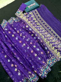 Violate purple jamdani saree all over golden silver and copper jori work.