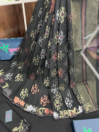 Black colour handloom halfsilk original dhakai jamdani saree with golden silver & copper jori work