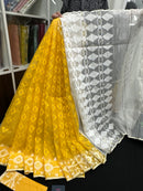 Yellow Original Handloom Halfsilk Dhakai Jamdani Saree With Self Threads Work & White Threads Work