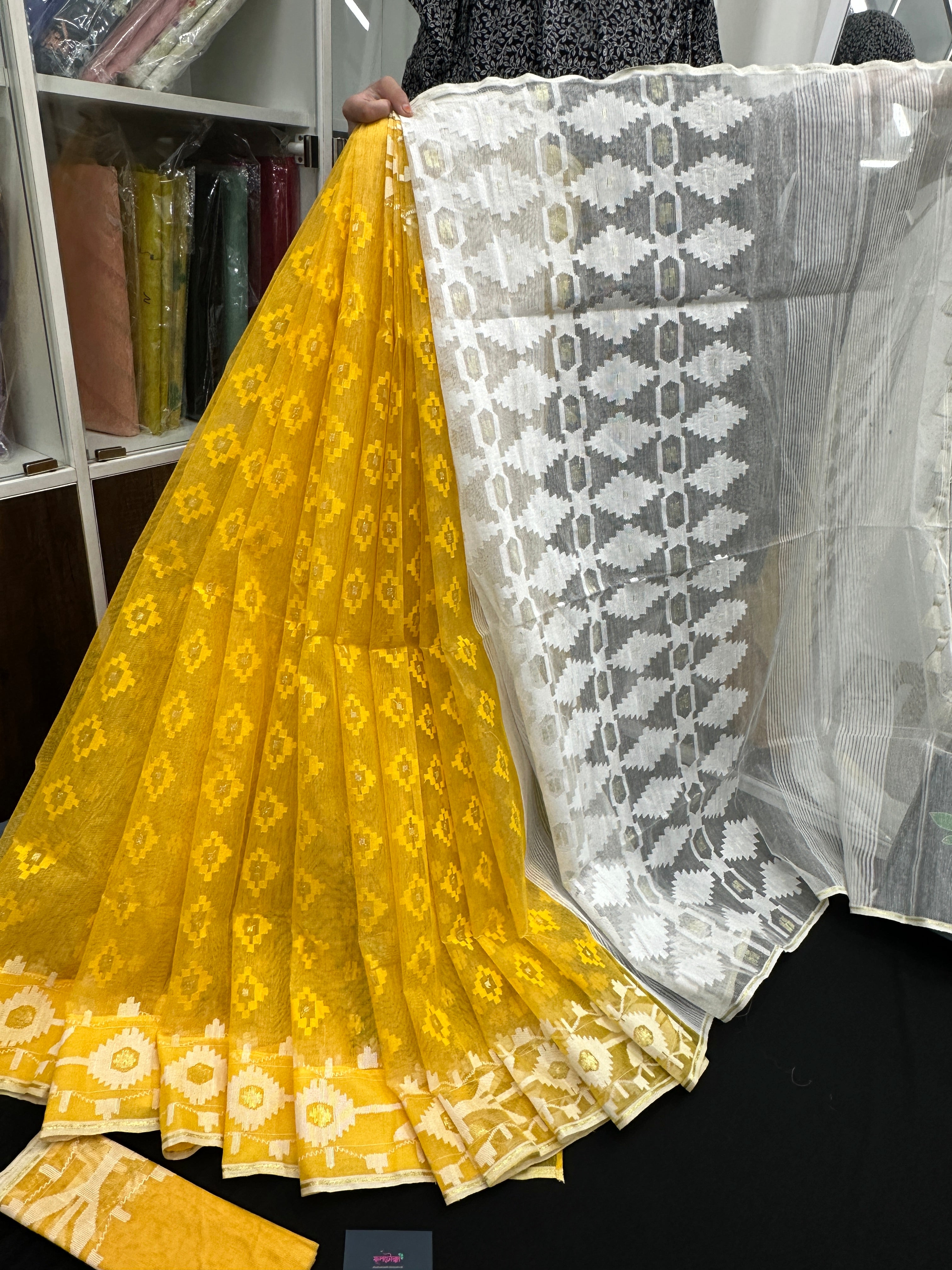 Yellow Original Handloom Halfsilk Dhakai Jamdani Saree With Self Threads Work & White Threads Work