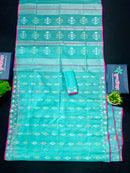 Aqua blue halfsilk handloom original dhakai jamdani saree with golden silver & copper jori work