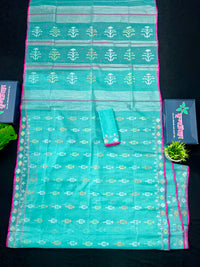 Aqua blue halfsilk handloom original dhakai jamdani saree with golden silver & copper jori work