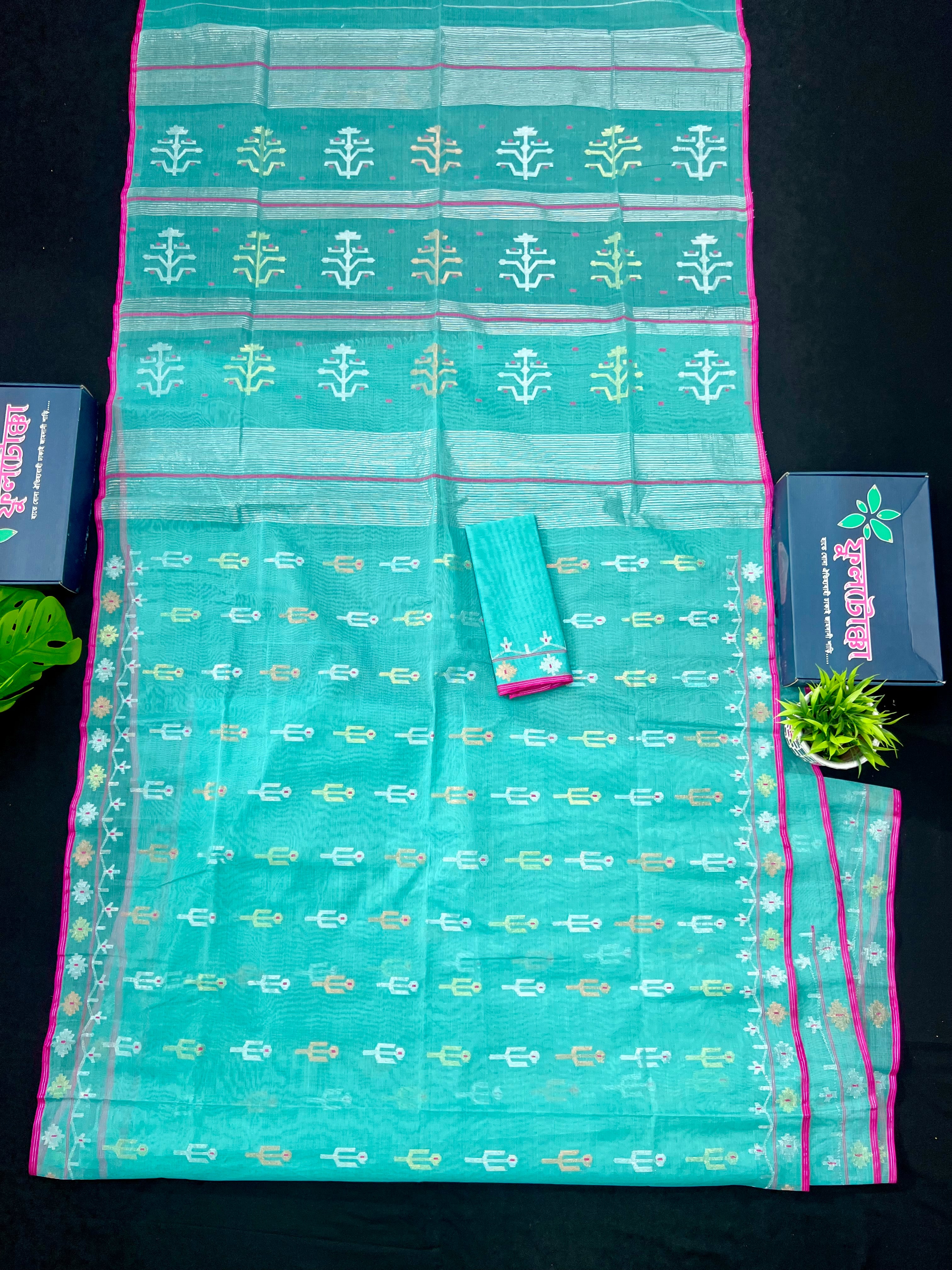 Aqua blue halfsilk handloom original dhakai jamdani saree with golden silver & copper jori work