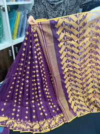Purple Cotton Jamdani Saree With Yellow Threads Work