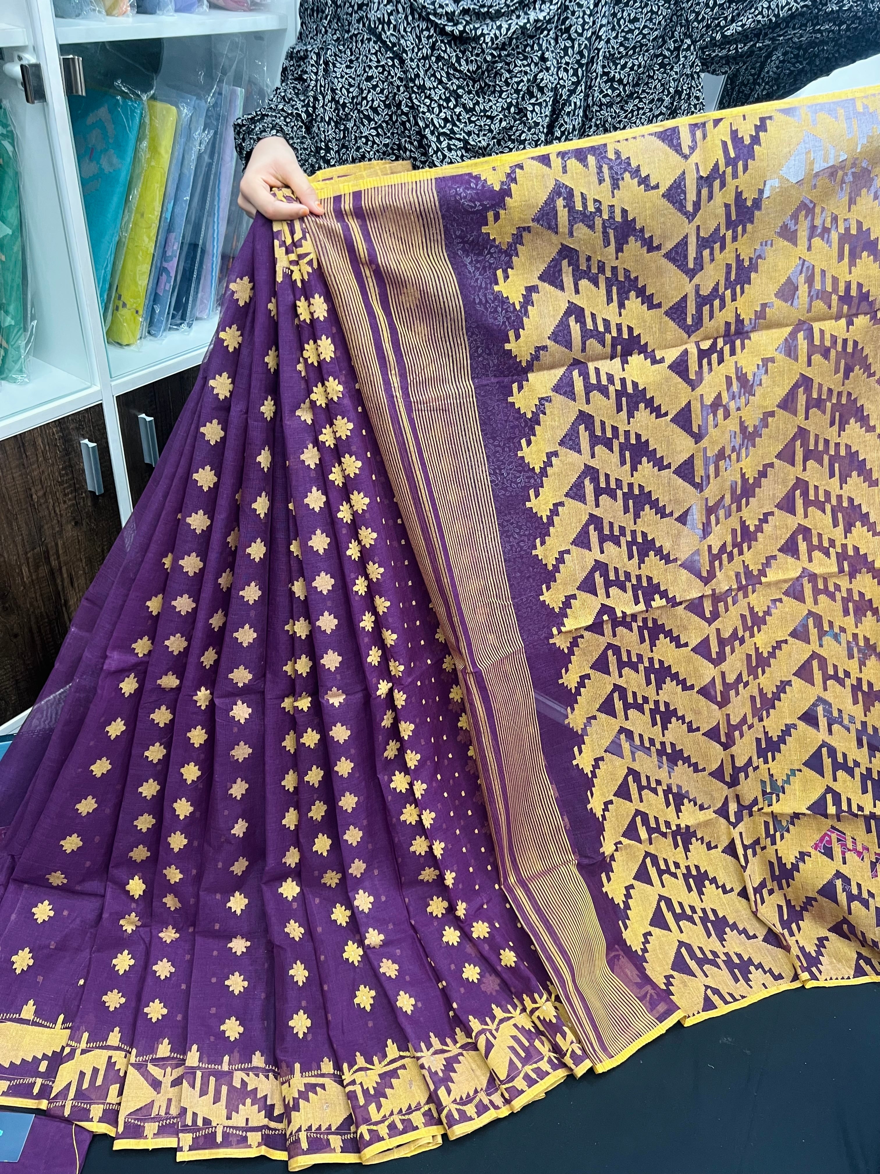 Purple Cotton Jamdani Saree With Yellow Threads Work