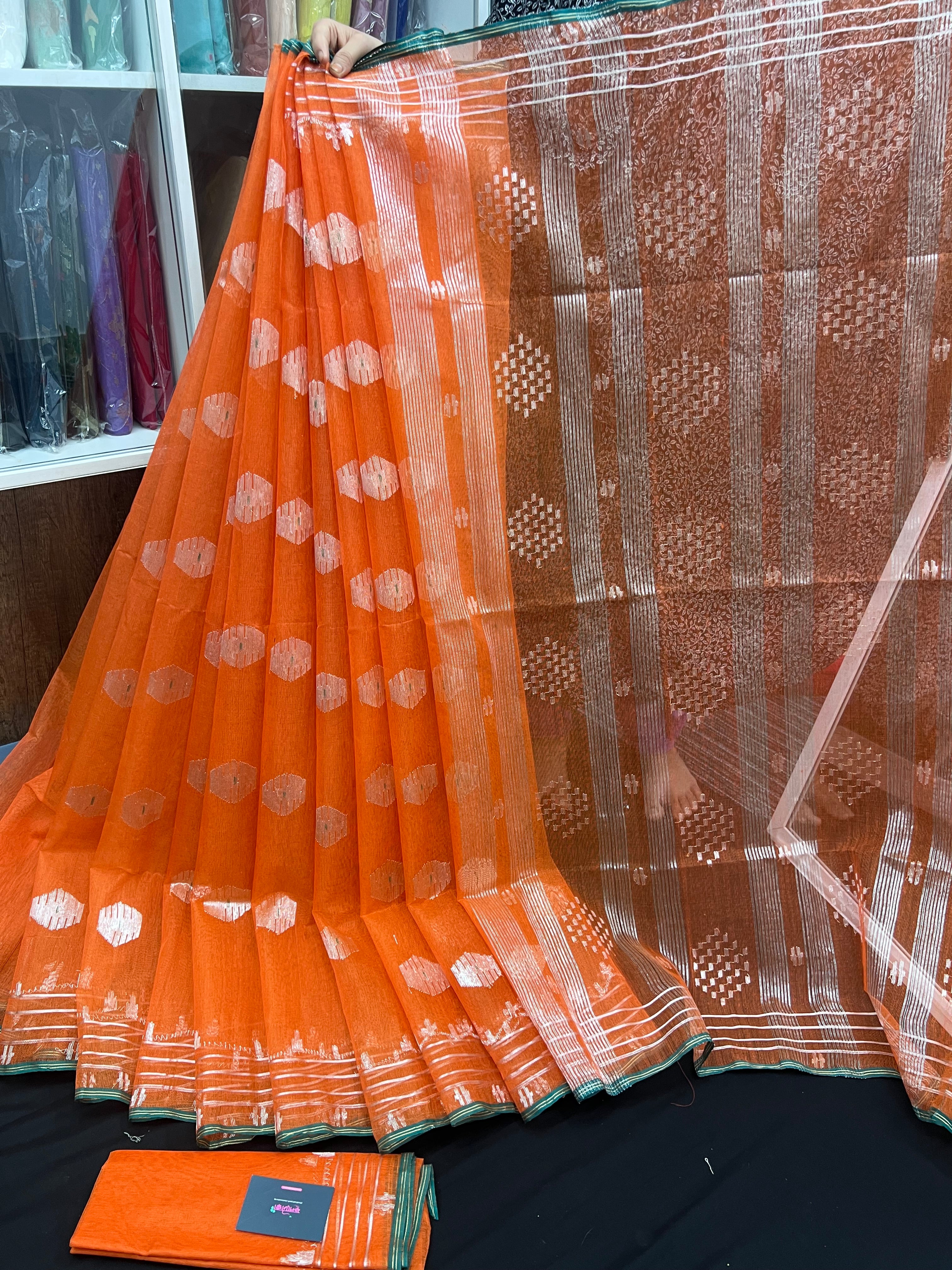 Orange Original Handloom Halfsilk Dhakai Jamdani Saree
