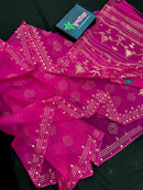 Magenta jamdani saree with golden jori work all over work and blouse piece