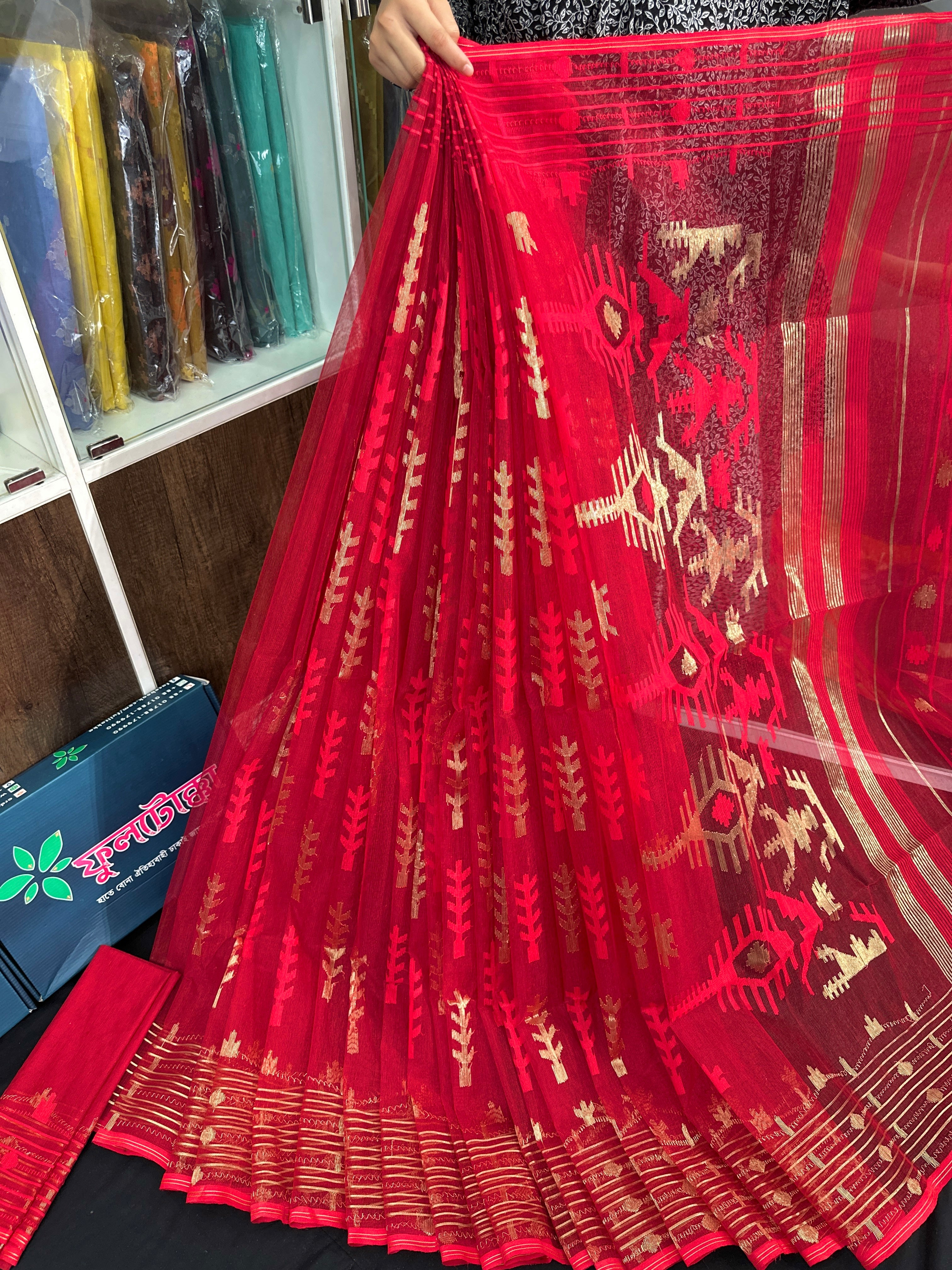 Red semi bridal halfsilk jamdani saree with golden jori work and red threads work