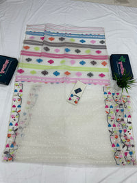 White Jamdani Saree With Multiple Threads Work.