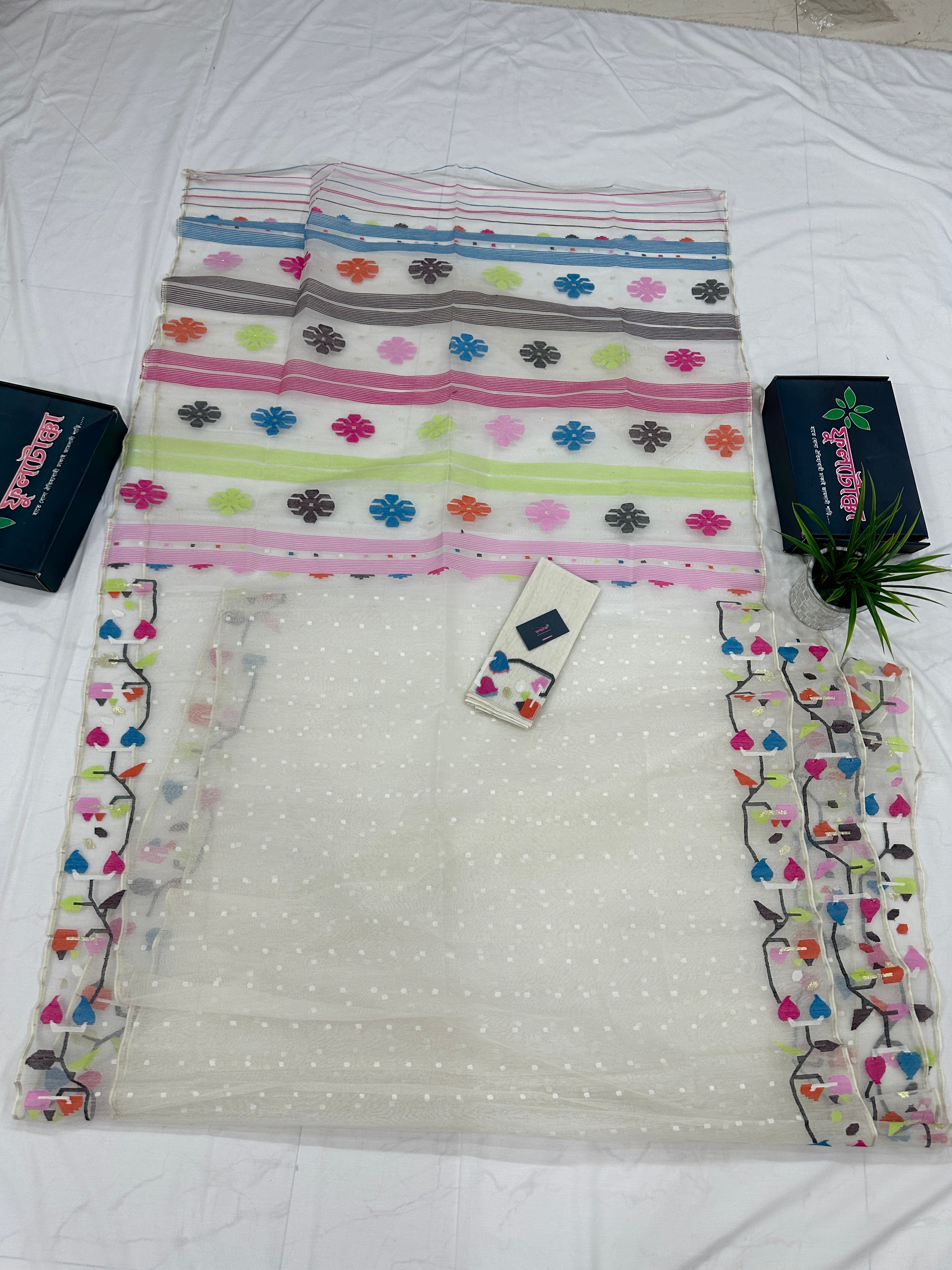 White Jamdani Saree With Multiple Threads Work.