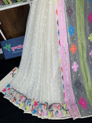 White cotton jamdani saree with pink blue orange magenta yellow multiple colour threads work