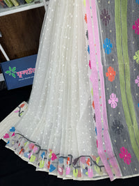 White cotton jamdani saree with pink blue orange magenta yellow multiple colour threads work