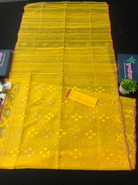 Yellow colour handloom halfsilk dhakai jamdani saree with pink border