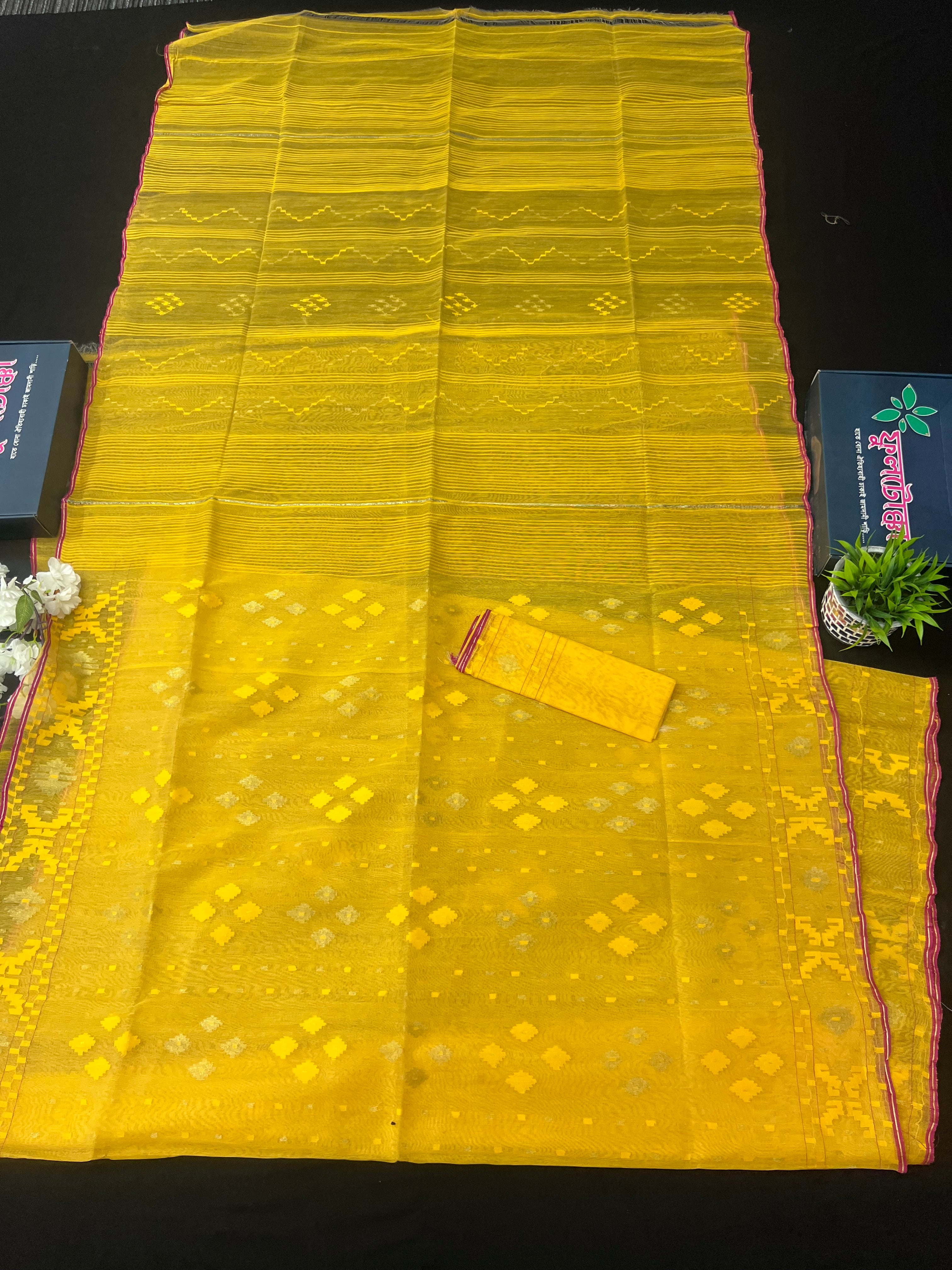 Yellow colour handloom halfsilk dhakai jamdani saree with pink border