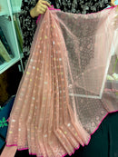 Peach colour halfsilk jamdani saree with golden silver jori work and self threads work