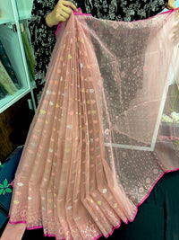 Peach colour halfsilk jamdani saree with golden silver jori work and self threads work