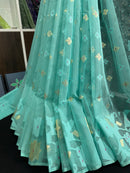 Sky blue halfsilk jamdani saree with golden jori work and self threads work