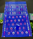 Royal blue halfsilk jamdani sari with golden silver copper pink jori work
