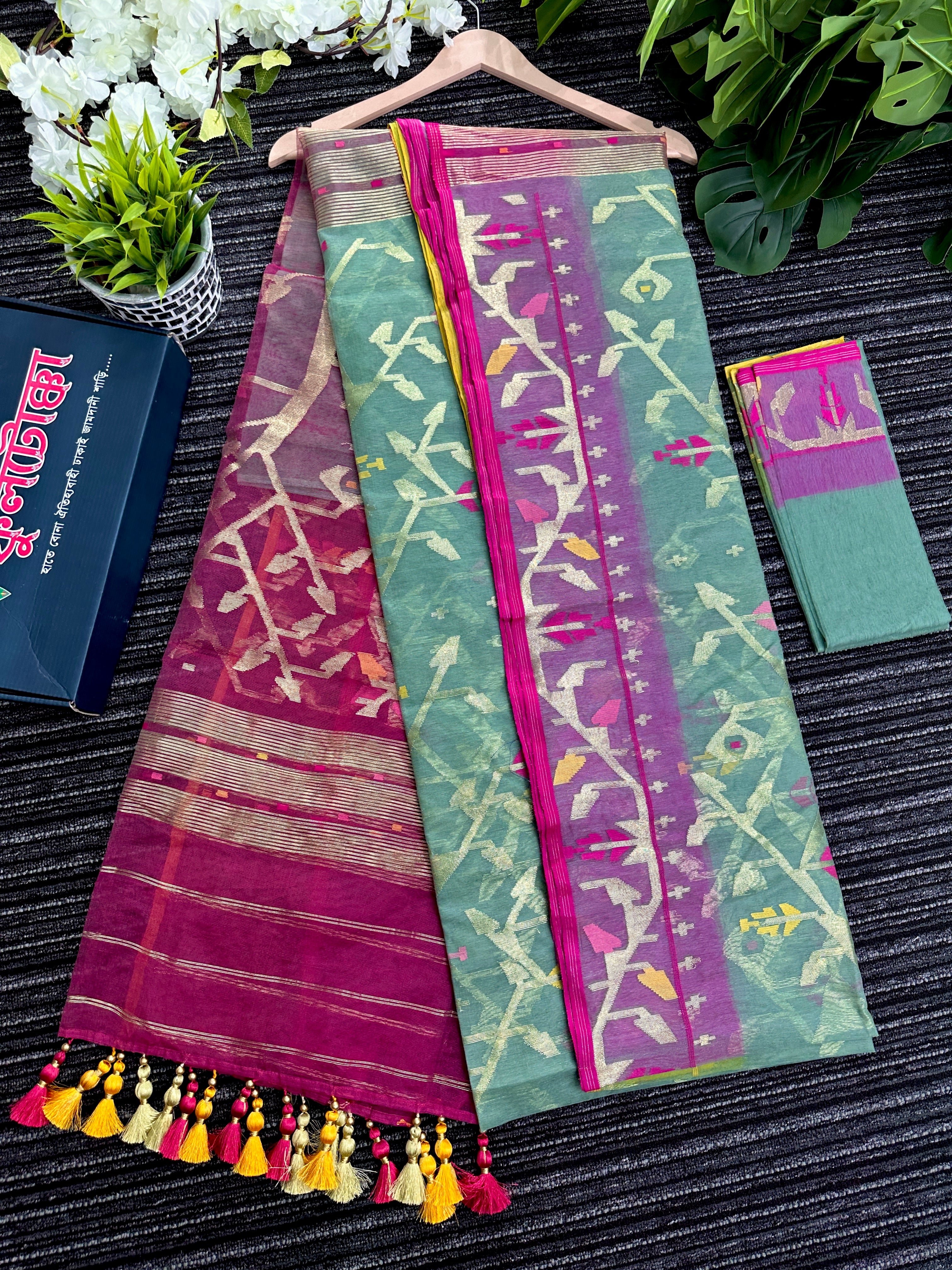Green exclusive gonga jamuna paar halfsilk jamdani saree with golden jori work and pink meena work