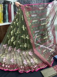 Dual Shaded Original Handloom Halfsilk Dhakai Jamdani Saree With Pink Olive Threads Work