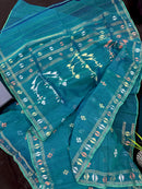 Sea green budget range jamdani saree with golden silver & copper jori work.