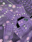 Lavender Jamdani Saree With White Pink Lavender Threads Work.