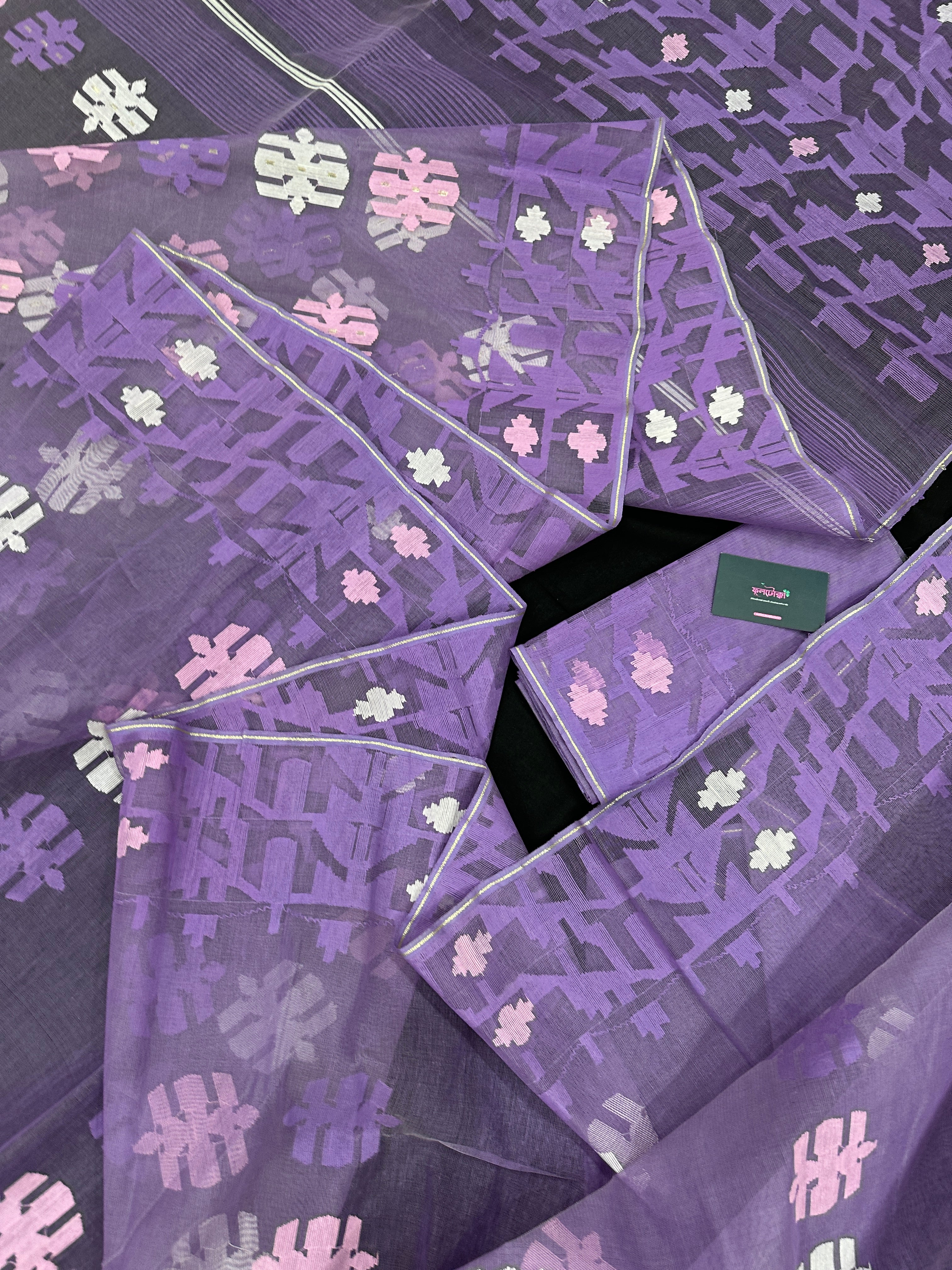 Lavender Jamdani Saree With White Pink Lavender Threads Work.