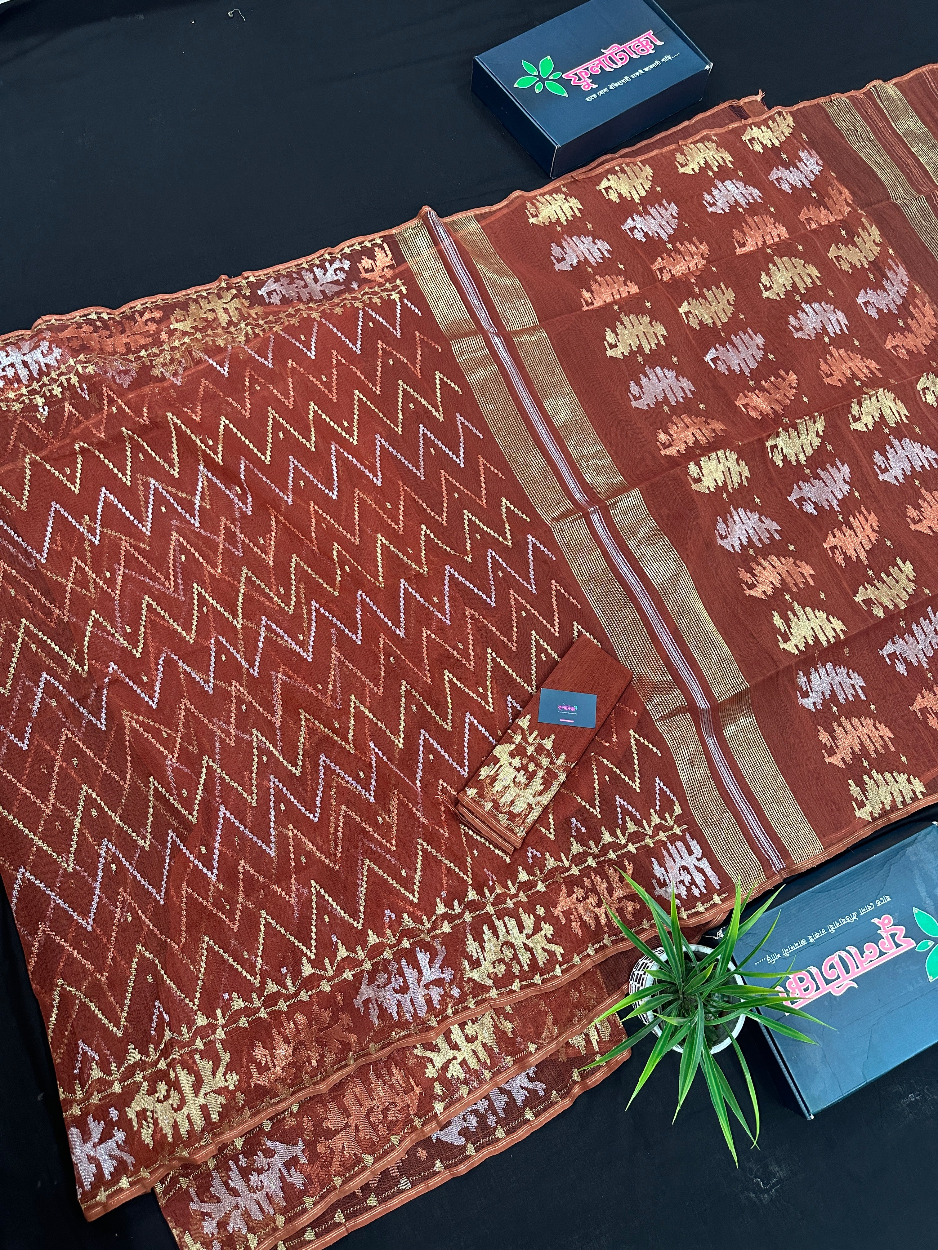 Brown reshom halfsilk jamdani saree with golden silver & copper jori work.