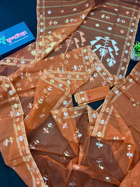 Brick orange halfsilk handloom original dhakai Jamdani saree with golden silver & copper jori work