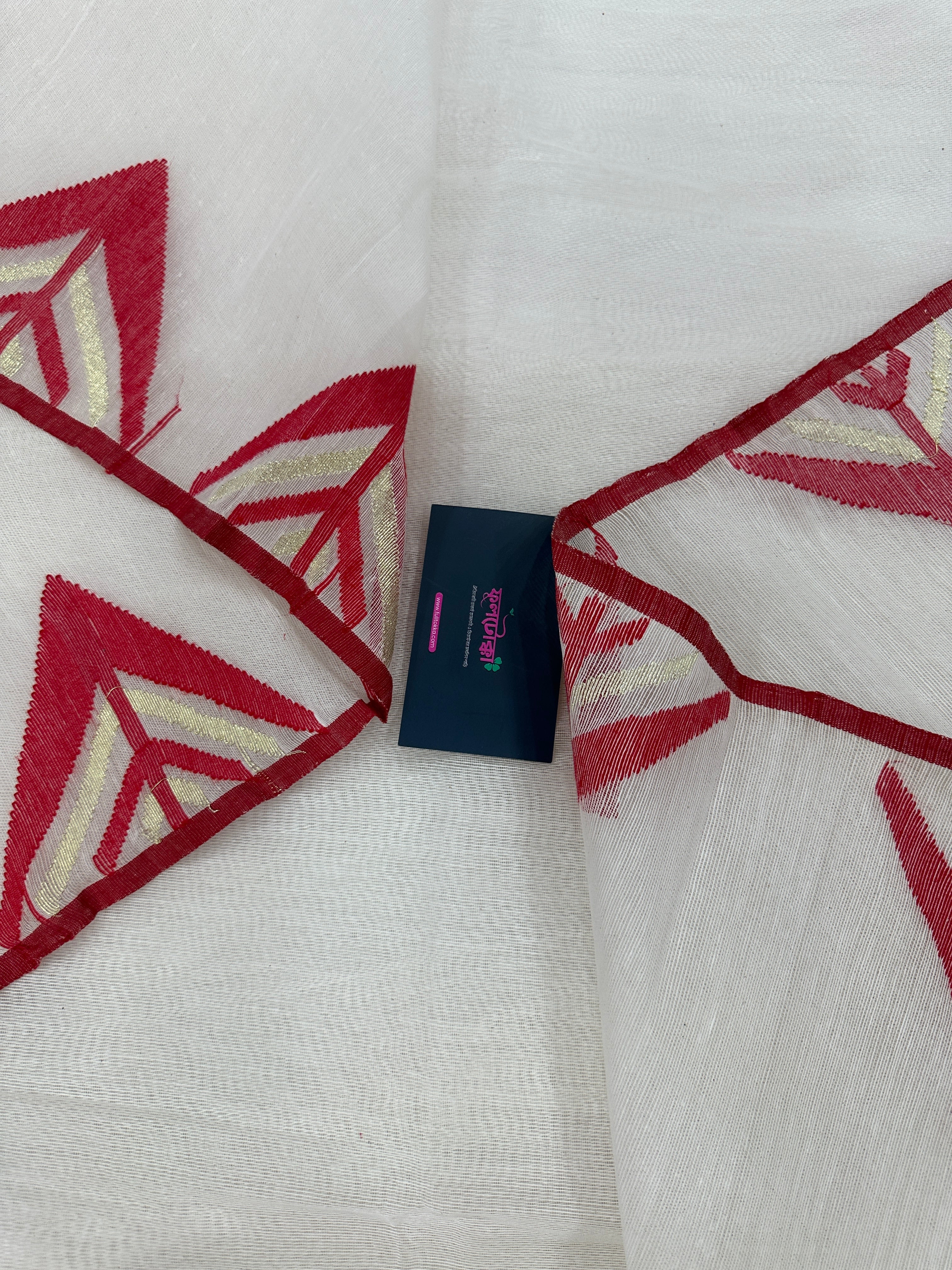 White Jamdani Saree With Red Paar.