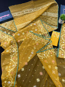 Yellow Original Handloom Dhakai Jamdani With Golden Silver & Copper Jori Work