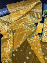 Yellow Original Handloom Dhakai Jamdani With Golden Silver & Copper Jori Work