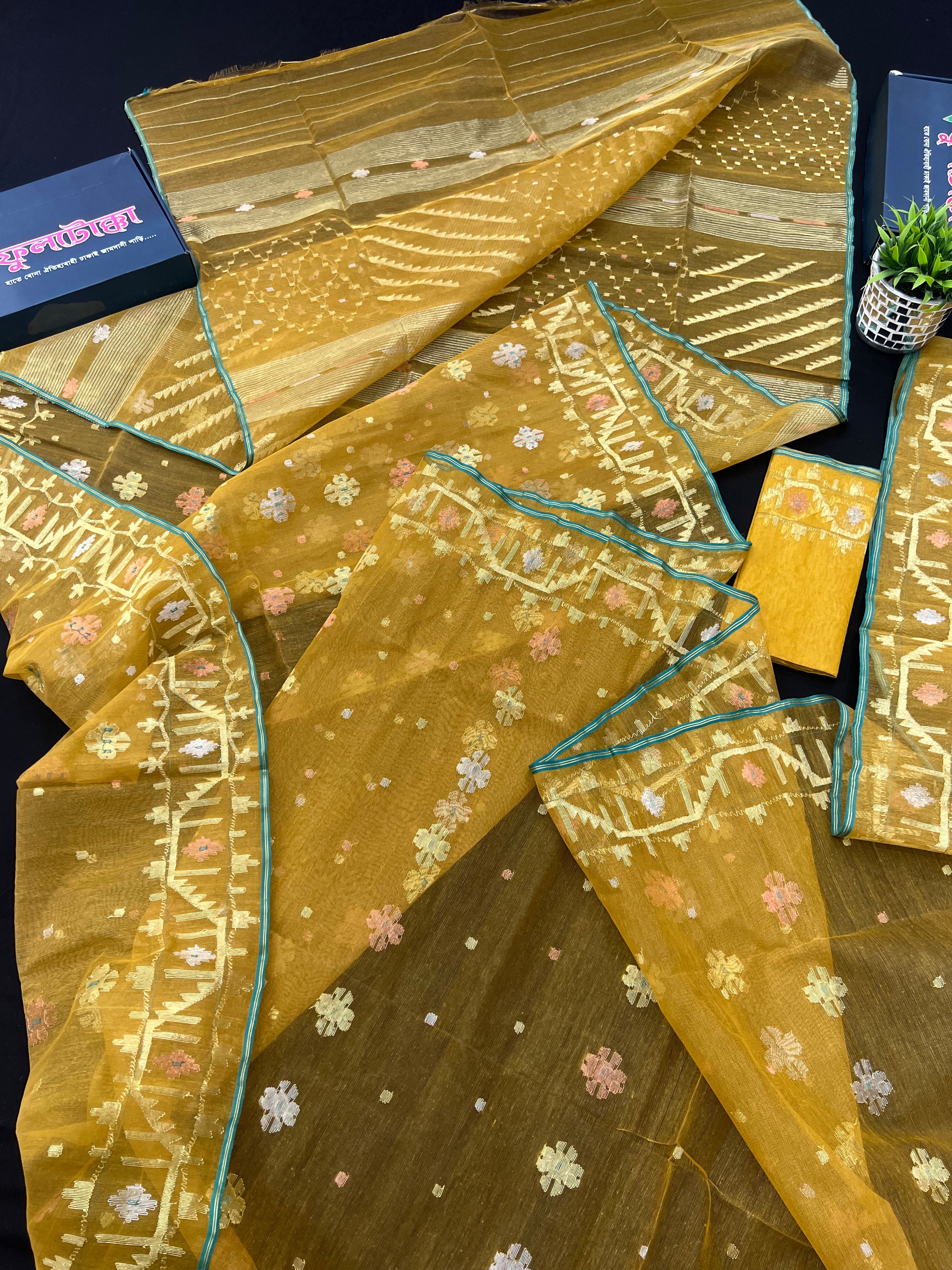 Yellow Original Handloom Dhakai Jamdani With Golden Silver & Copper Jori Work