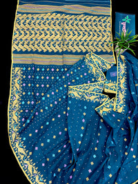 Peacock blue cotton jamdani saree with yellow threads work all over soft count