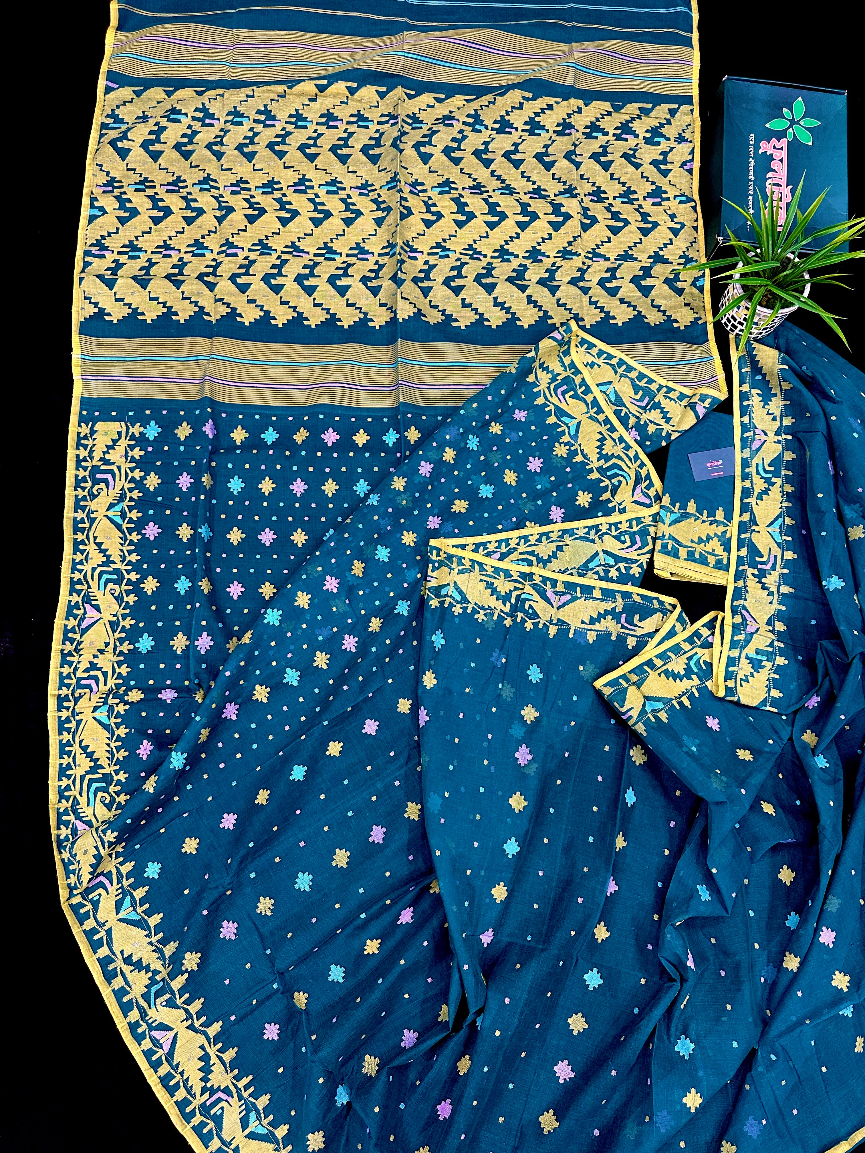 Peacock blue cotton jamdani saree with yellow threads work all over soft count
