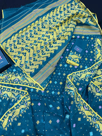 Peacock blue cotton jamdani saree with yellow threads work all over soft count
