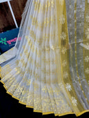 Creamy white halfsilk jamdani saree with golden jori work and blouse piece