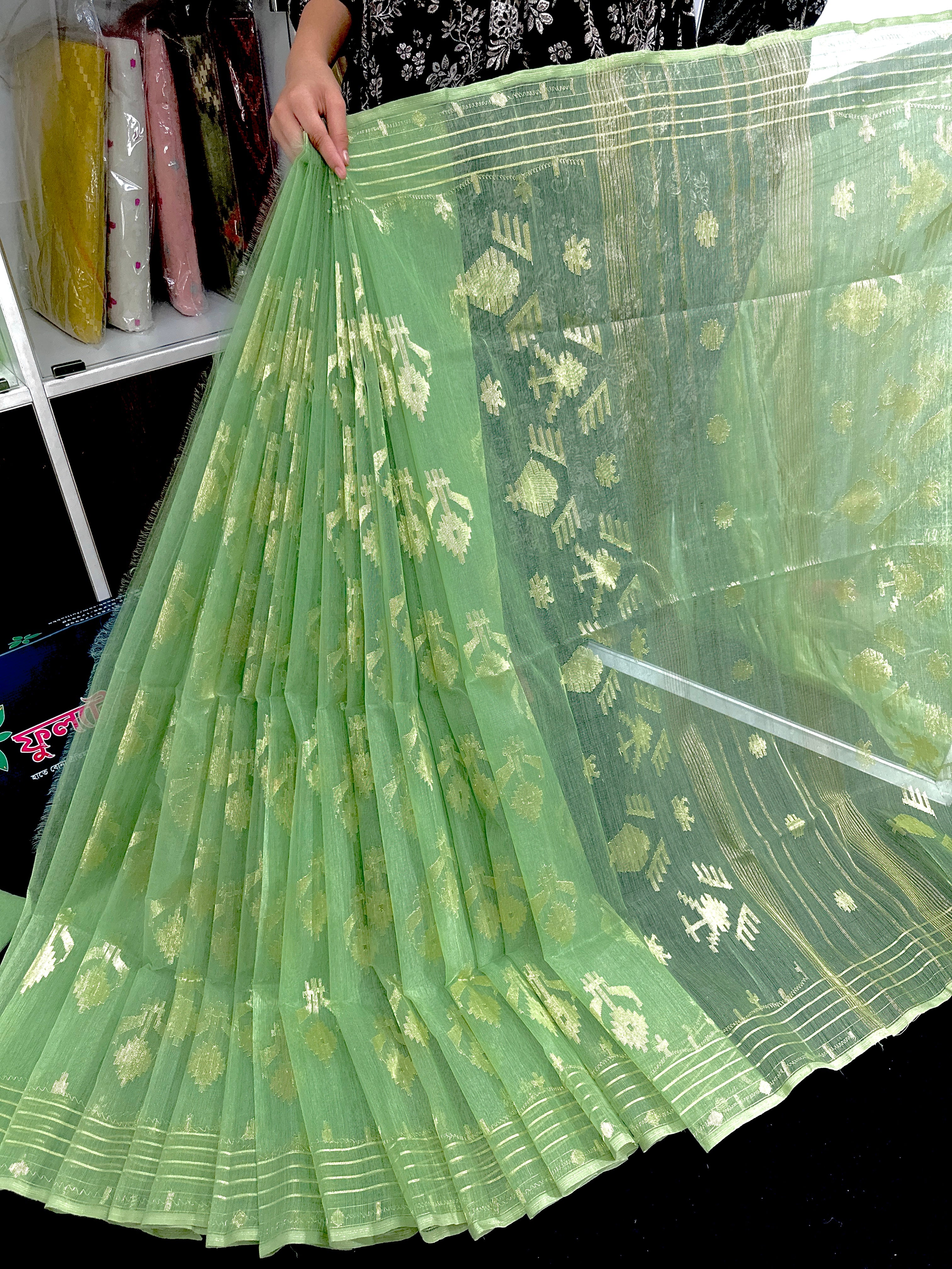 Mint halfsilk jamdani saree with golden jori work and blouse piece