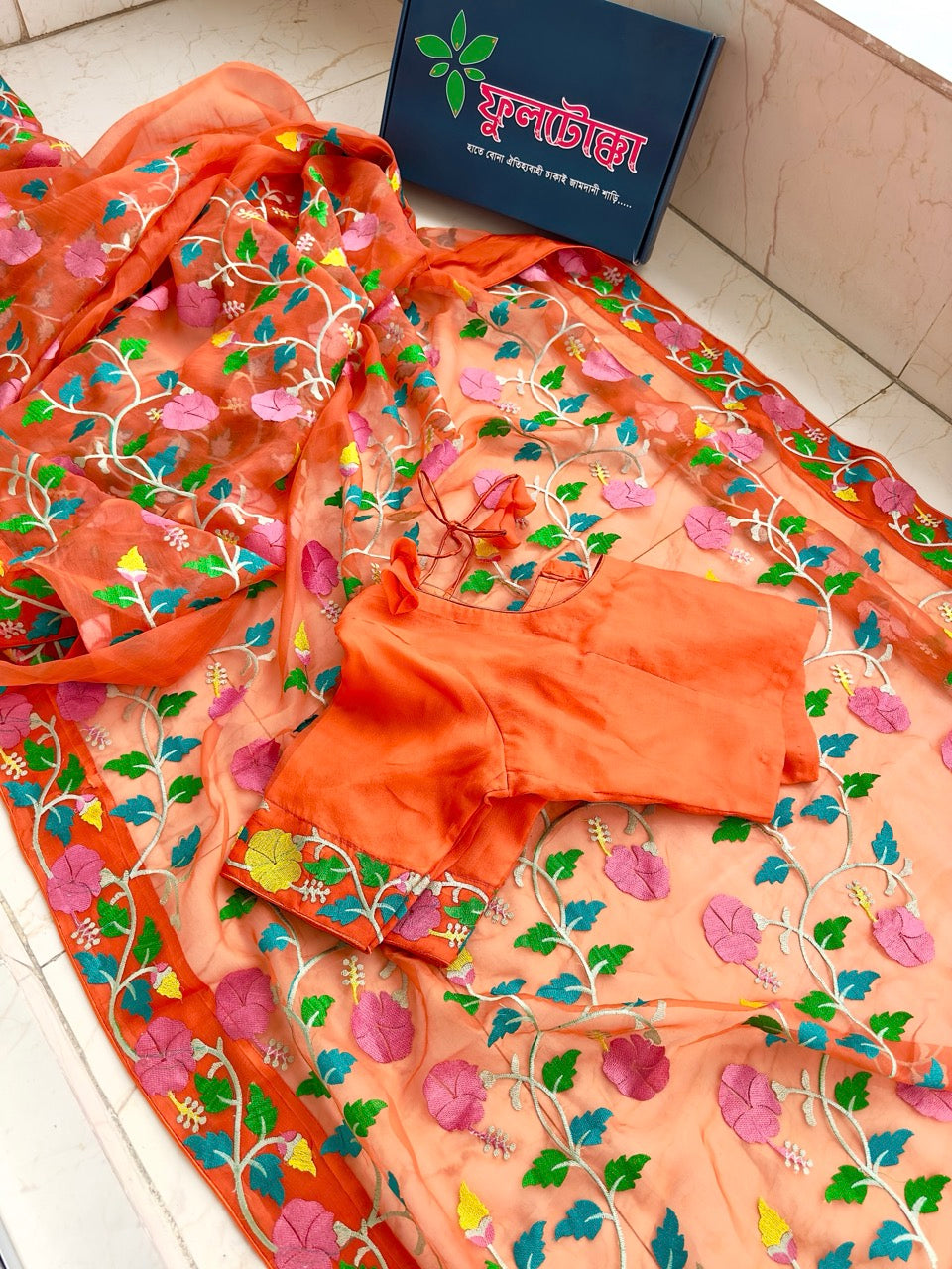 Orange Muslin Saree With Tantuj Work