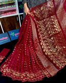 Maroon semi bridal cotton jamdani saree with golden jori work