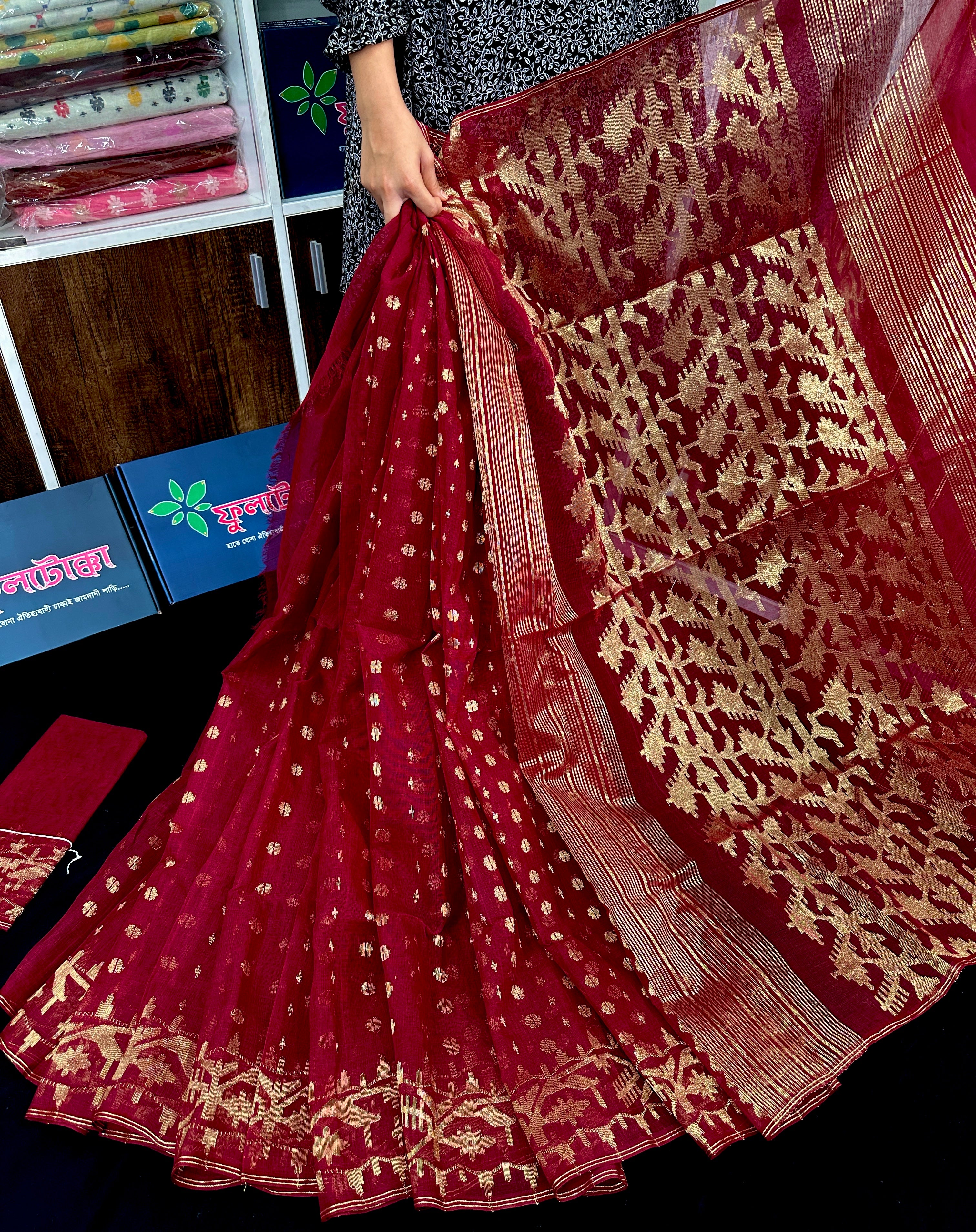 Maroon semi bridal cotton jamdani saree with golden jori work