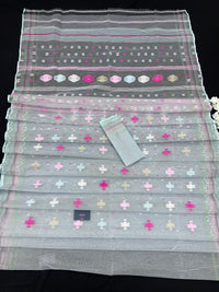 Light Blue Original Handloom Halfsilk Dhakai Jamdani Saree With Pink Blue Off White Threads Work