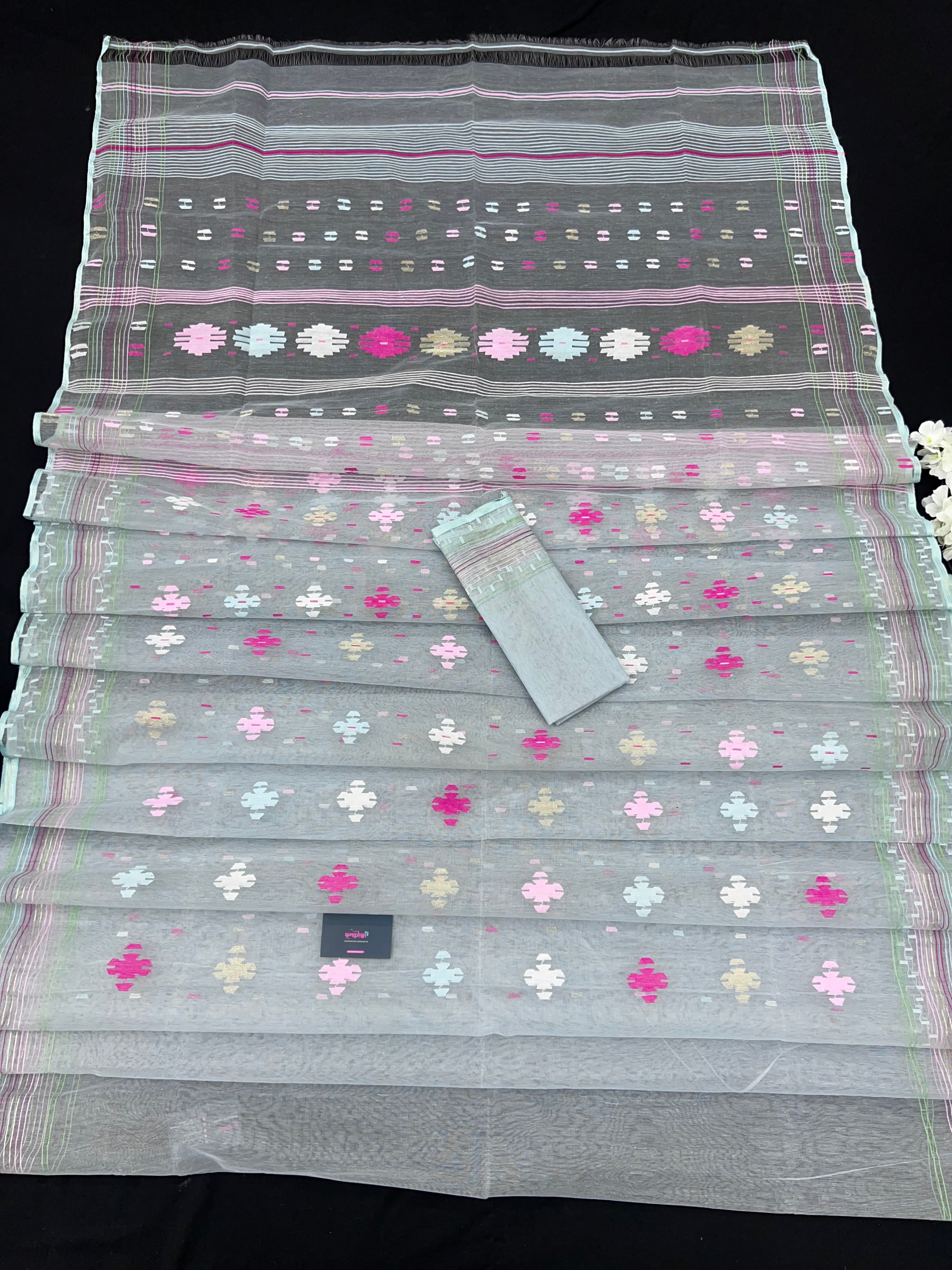 Light Blue Original Handloom Halfsilk Dhakai Jamdani Saree With Pink Blue Off White Threads Work