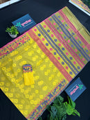 Yellow gonga jamuna design halfsilk jamdani saree with multiple colour threads work