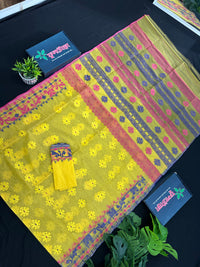 Yellow gonga jamuna design halfsilk jamdani saree with multiple colour threads work