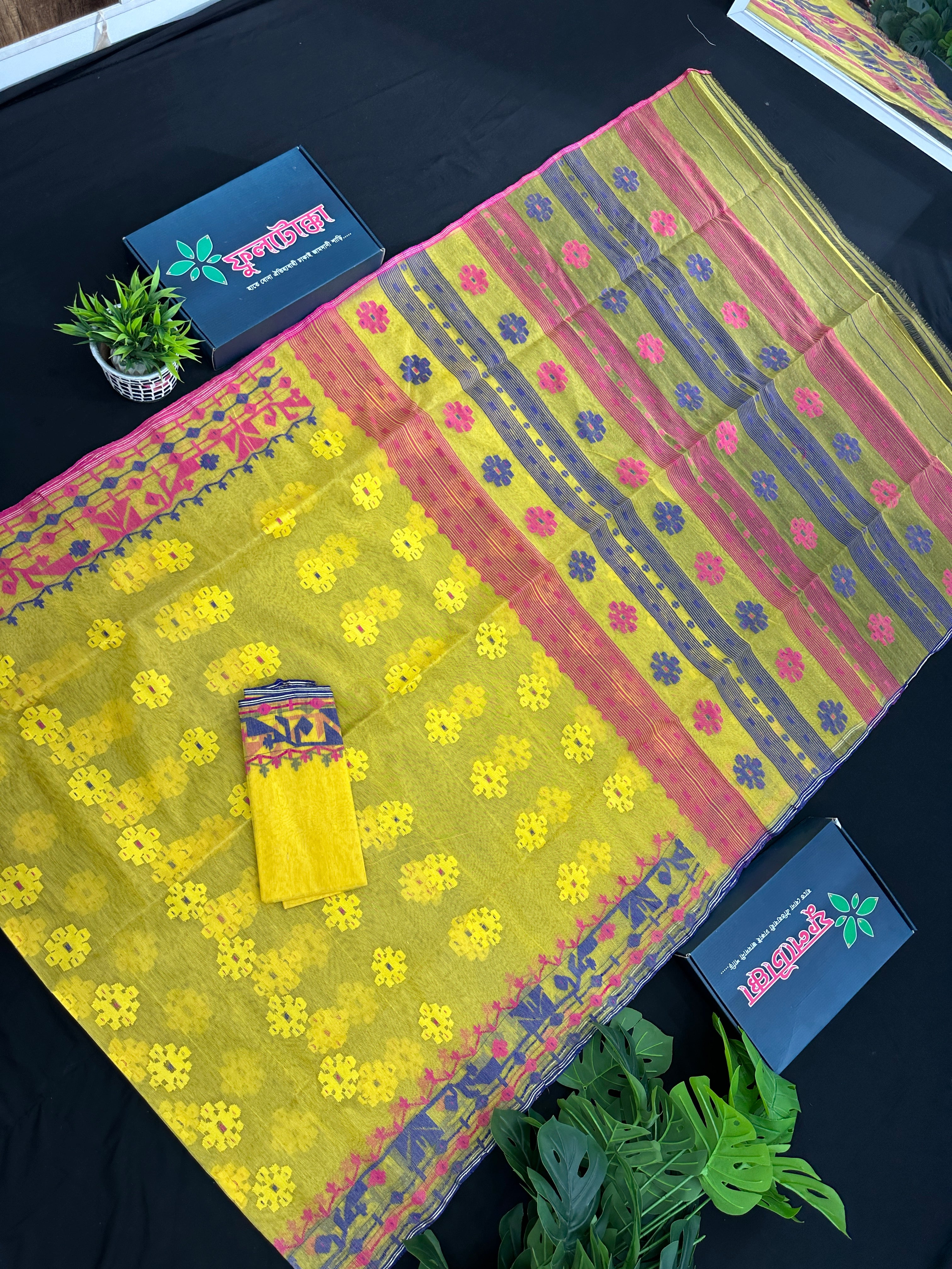 Yellow gonga jamuna design halfsilk jamdani saree with multiple colour threads work