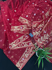 Red jamdani saree with golden jori all over work with blouse piece.