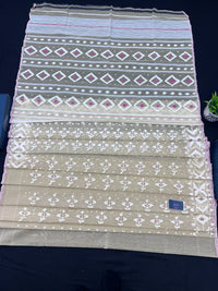 Creamy White Halfsilk Handloom Dhakai Jamdani Saree With White Thread Work & Pink Meena Work